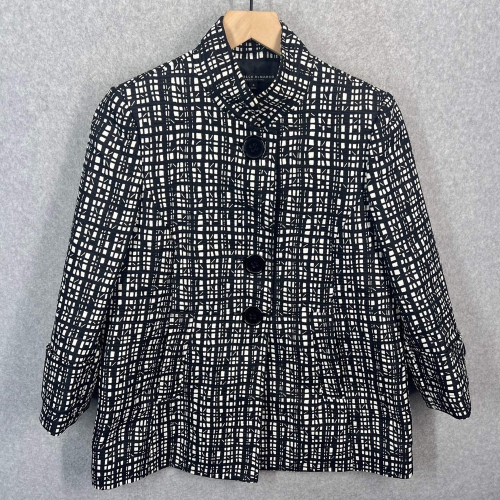 Isabella DeMarco Tahari Levine Jacket Womens 4 Black White Grid Textured Button